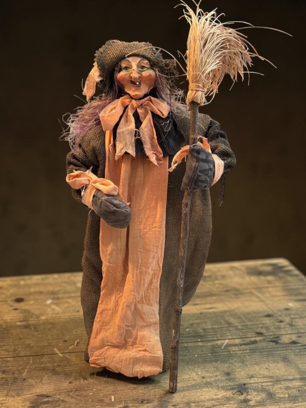 Handcrafted Witch Figurine With Broomstick & Burlap Attire - Rustic Primitive Ha